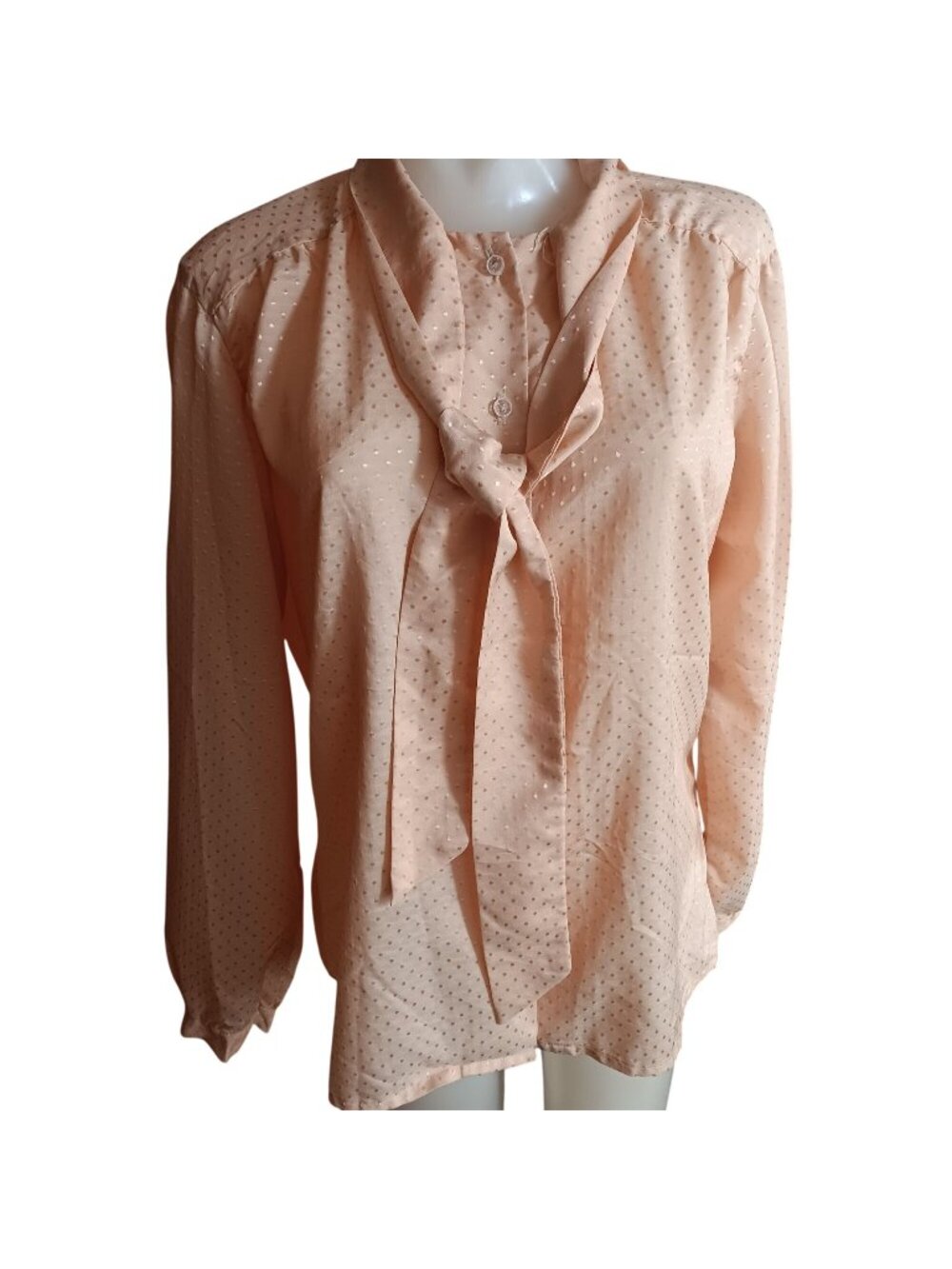 Large Fritzi Peach Vintage Women's Secretary Blouse 13/14 1970's Blouse Tie Neck